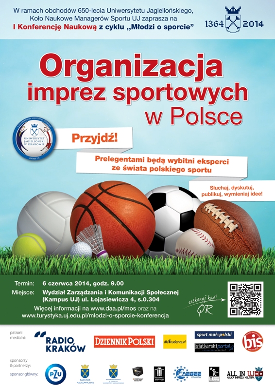 Plakat MOS 2014 – zarządzanie sportem: organizacja imprez sportowych w Polsce – konferencja organizowana przez studentów UJ